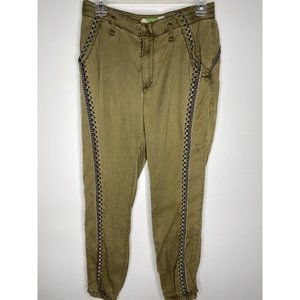 Anthropologie Jogger Pants XS Army Green Tencel Embroidered Pull On Pockets BoHo